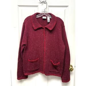 Villager Liz Claiborne Speckled Knit Cardigan Sweater Red Marled XL Button Front